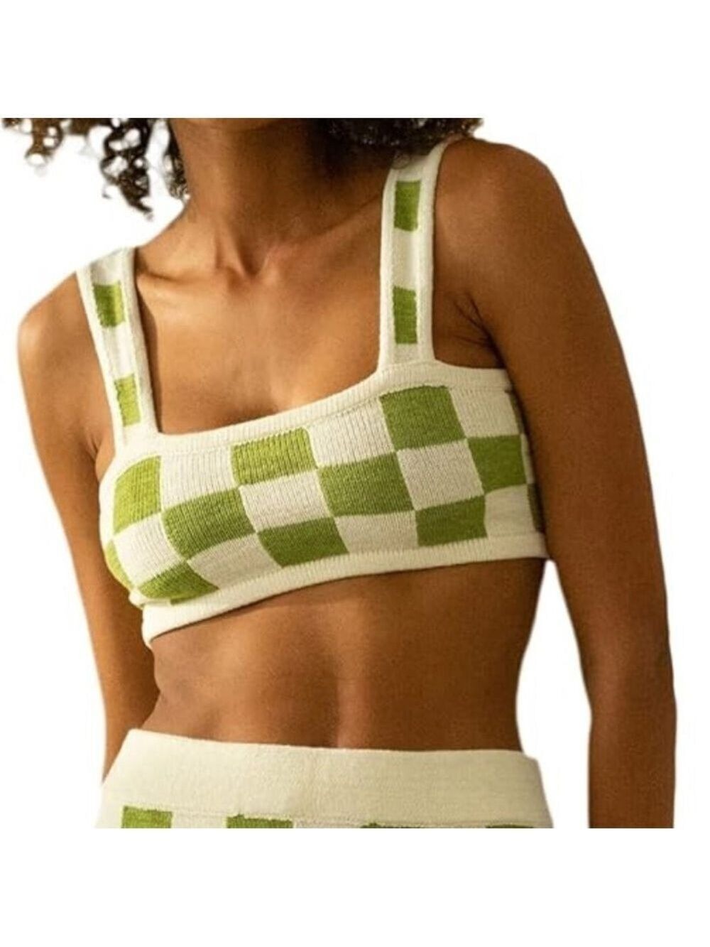 Altar'd State Checkered Knit Cropped Bandeau Top in Green & Cream